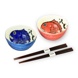 Pair Bowl Set w/Chopsticks -Mede.Tai(D13cm)　めでたい