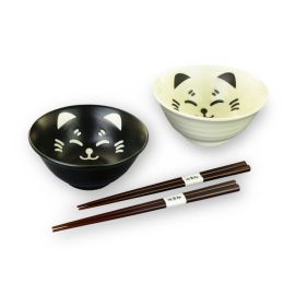 Pair Bowl Set w/Chopsticks -Black and White Cats 白黒ネコ