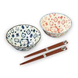 Pair Bowl Set w/Chopsticks -Goromaru Cat 五郎丸 ネコ