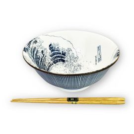 Ramen Bowl -W/Chopsticks Hokusai Fuji Sendan Tokusa Blue *FINAL SALE*