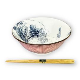 Ramen Bowl -W/Chopsticks Hokusai Fuji Sendan Tokusa Red *FINAL SALE*