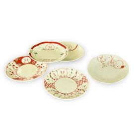Round Plate set/5 -Akae Usagi 赤絵うさぎ